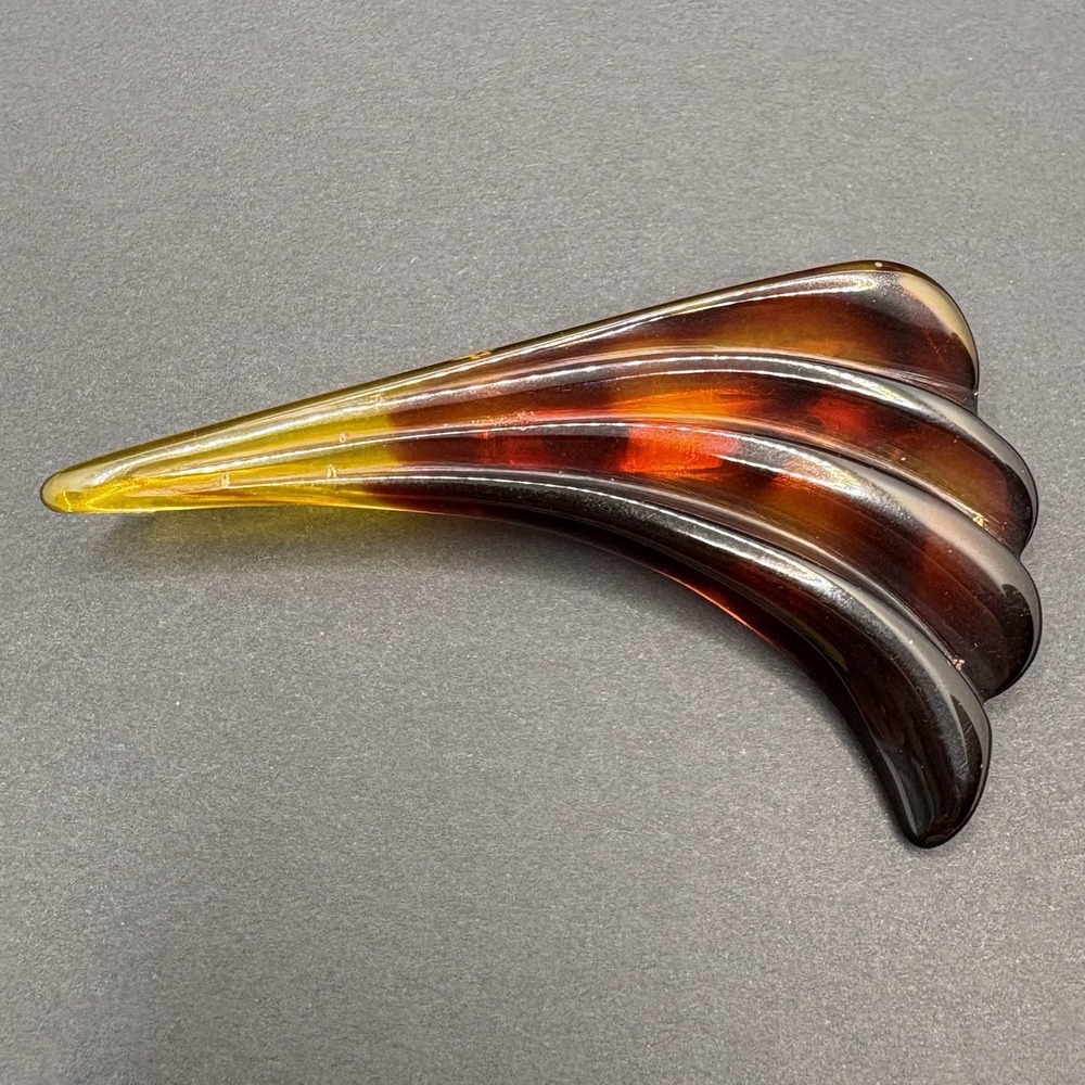 Vintage Celluloid Faux Tortoise Shell Horn Wave Fan Brooch 3"